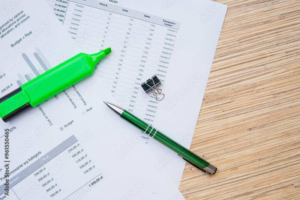 Top View of Financial Documents on Desk with Pen and Highlighter - Concept of Financial Data Analysis in Business Top View of Financial Documents on Desk with Pen and Highlighter - Concept of Financial Data Analysis in Business