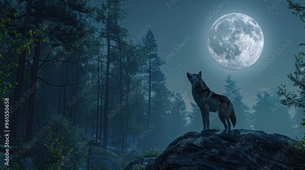 Animal behavior, with wolves howling at the moon in a nighttime forest Animal behavior, with wolves howling at the moon in a nighttime forest