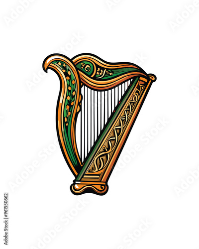 Editable vector illustration of a Celtic harp, with golden frame and green decorations.