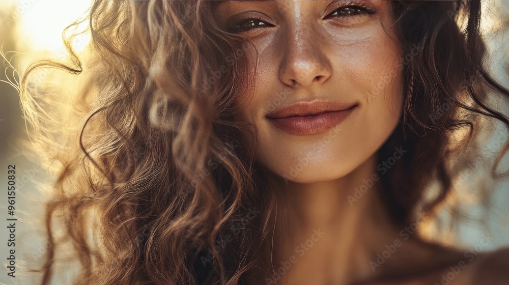 Close-up of a woman with elegant, flowing curls cascading over her shoulders, styled with volume and shine in natural light. Close-up of a woman with elegant, flowing curls cascading over her shoulders, styled with volume and shine in natural light.