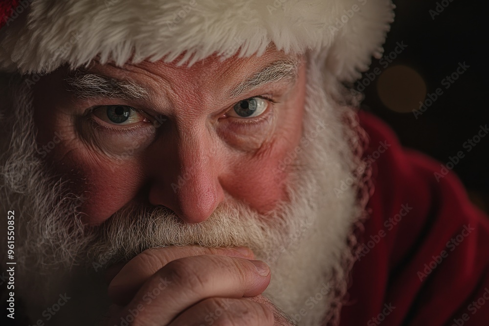A close-up of Santa Claus with a thoughtful and slightly mischievous expression A close-up of Santa Claus with a thoughtful and slightly mischievous expression