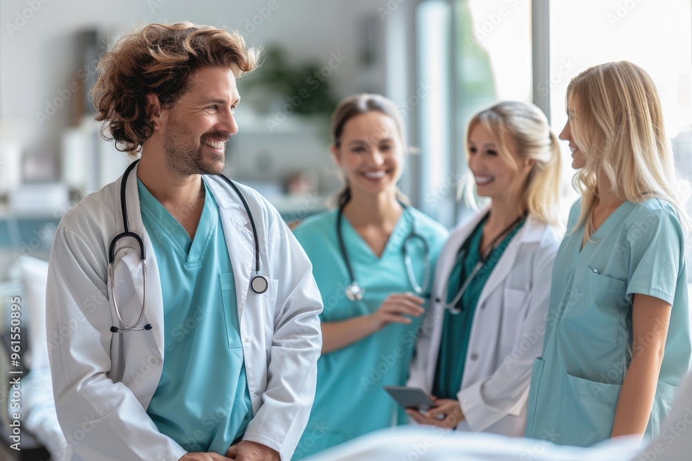 Professional Medical Team Collaborating in Modern Hospital Setting Professional Medical Team Collaborating in Modern Hospital Setting