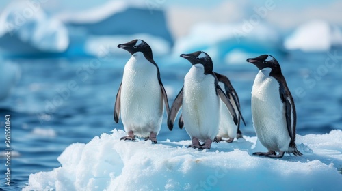 A Trio of Adorable Penguins Standing Proudly on Ice Amidst the Beautiful Antarctic Waters and Icebergs Beneath a Clear Sky