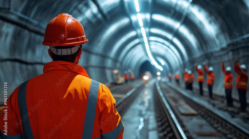 Tunnel boring machine emerging from the end of a completed section, surrounded by workers cheering, final breakthrough Tunnel boring machine emerging from the end of a completed section, surrounded by workers cheering, final breakthrough