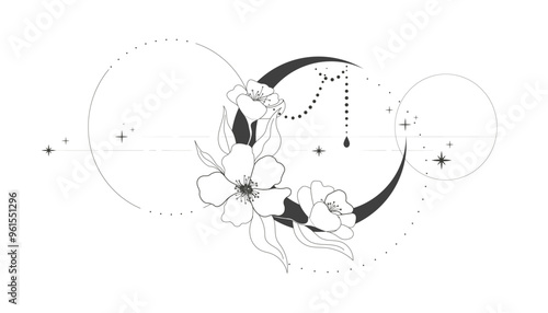 Elegant thin line moon flower contour tattoo, floral spiritual mystic element, Esoteric boho magic illustration, Line, leaves and dors decoration photo