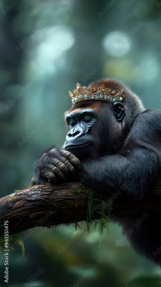 Obraz premium A gorilla with a sparkling crown sitting majestically on a high branch.