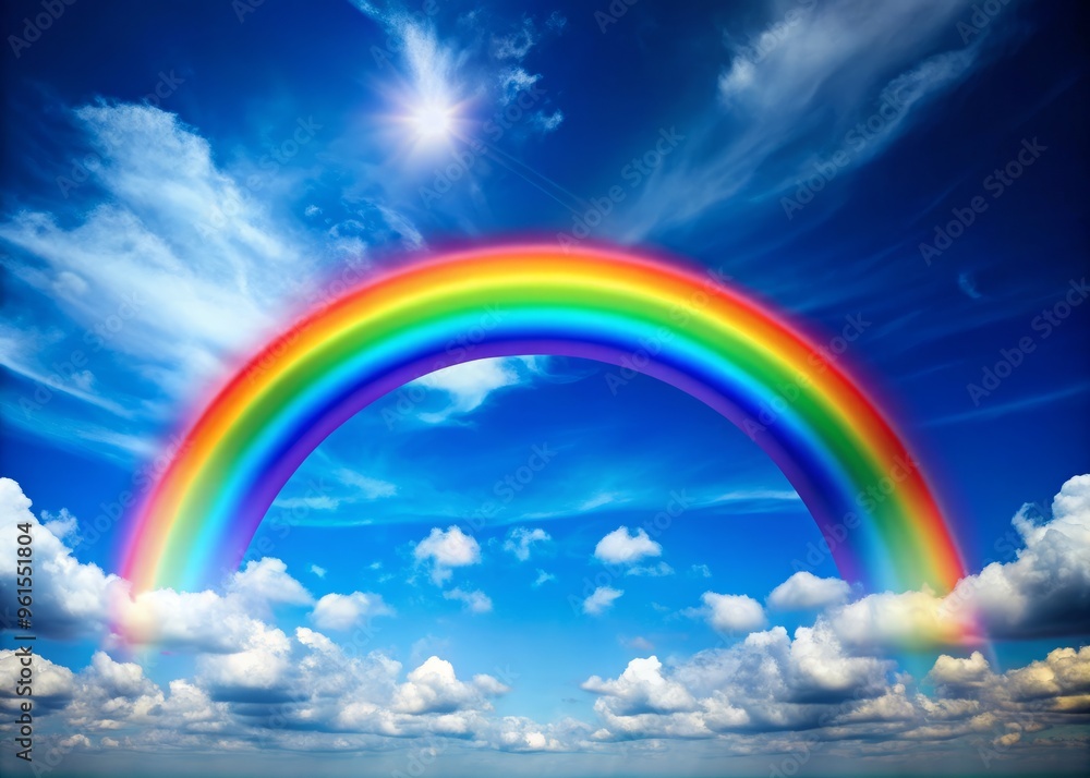 Vibrant colors of the rainbow arcing across the cloudless blue sky, vivid hues of red, orange, yellow, green, blue, indigo, and violet, soft clouds beneath Vibrant colors of the rainbow arcing across the cloudless blue sky, vivid hues of red, orange, yellow, green, blue, indigo, and violet, soft clouds beneath