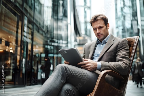 Man in Suit Using a Tablet in a City Setting