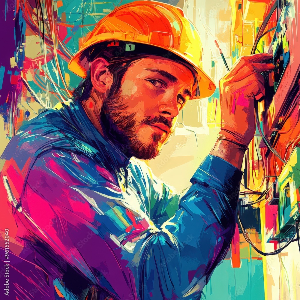 Fototapeta premium An engineer works on a circuit panel, surrounded by tools and vibrant colors, focusing on wiring