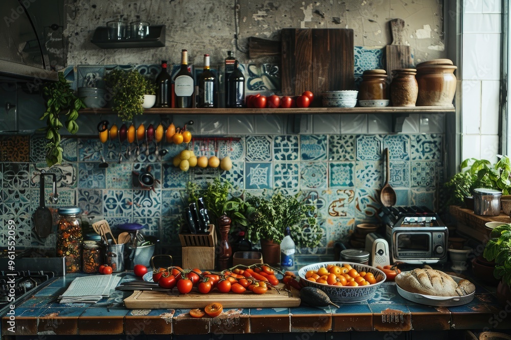 Rustic Mediterranean Kitchen with Fresh Vegetables, Herbs, and Traditional Decor Rustic Mediterranean Kitchen with Fresh Vegetables, Herbs, and Traditional Decor