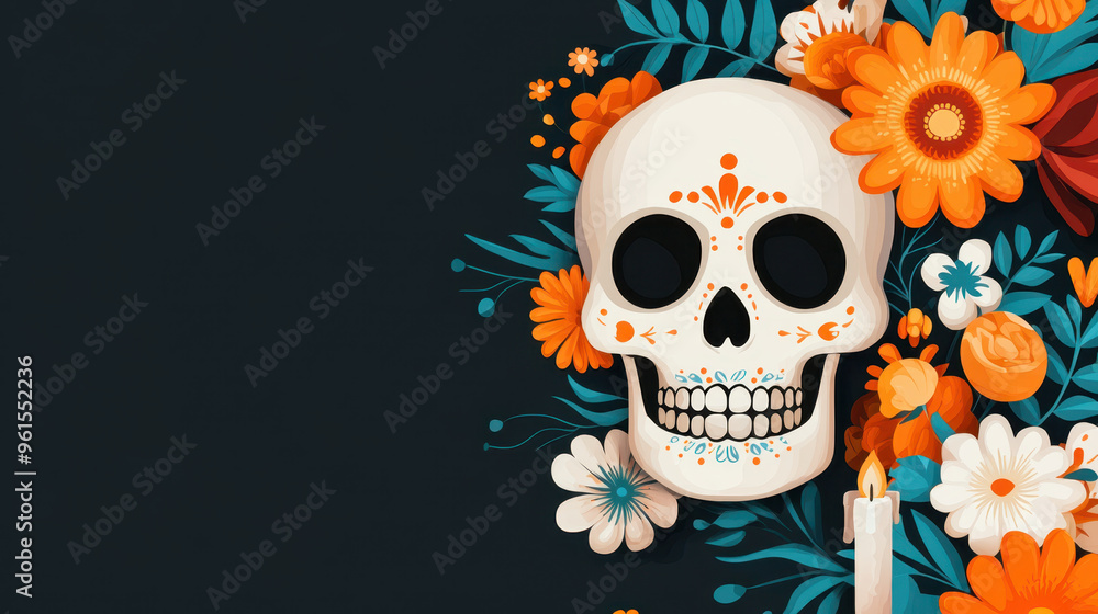 Colorful skull design with vibrant flowers and candle, symbolizing remembrance and celebration. Colorful skull design with vibrant flowers and candle, symbolizing remembrance and celebration.
