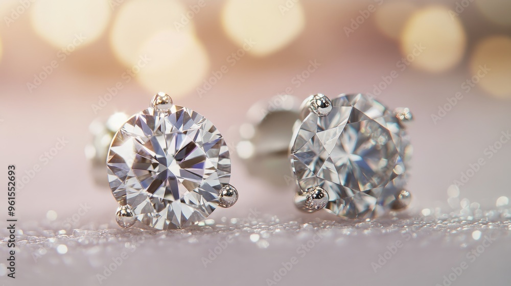 Close-up of elegant diamond stud earrings sparkling against a soft, blurred background, highlighting their brilliance and clarity. Close-up of elegant diamond stud earrings sparkling against a soft, blurred background, highlighting their brilliance and clarity.