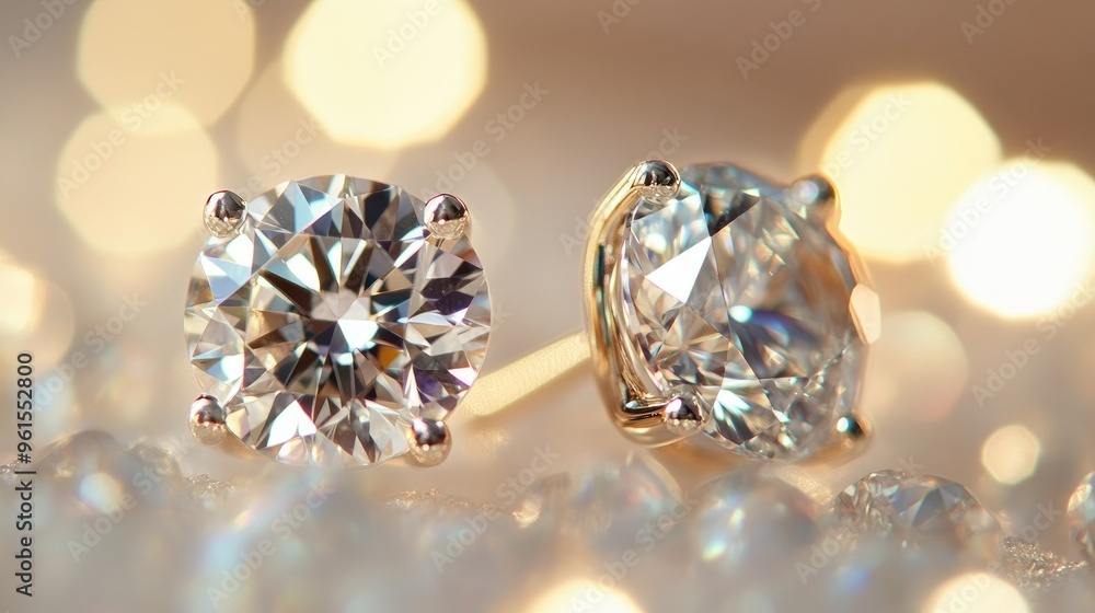 Close-up of elegant diamond stud earrings sparkling against a soft, blurred background, highlighting their brilliance and clarity. Close-up of elegant diamond stud earrings sparkling against a soft, blurred background, highlighting their brilliance and clarity.