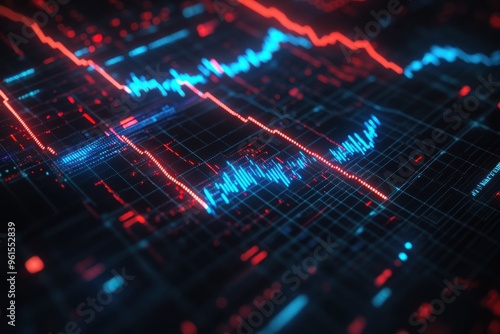 A close-up view of a digital data visualization screen, featuring colorful graphs, charts,