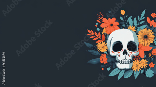 Colorful floral design featuring skull, symbolizing Dia de los Muertos, with vibrant flowers and leaves creating festive atmosphere.