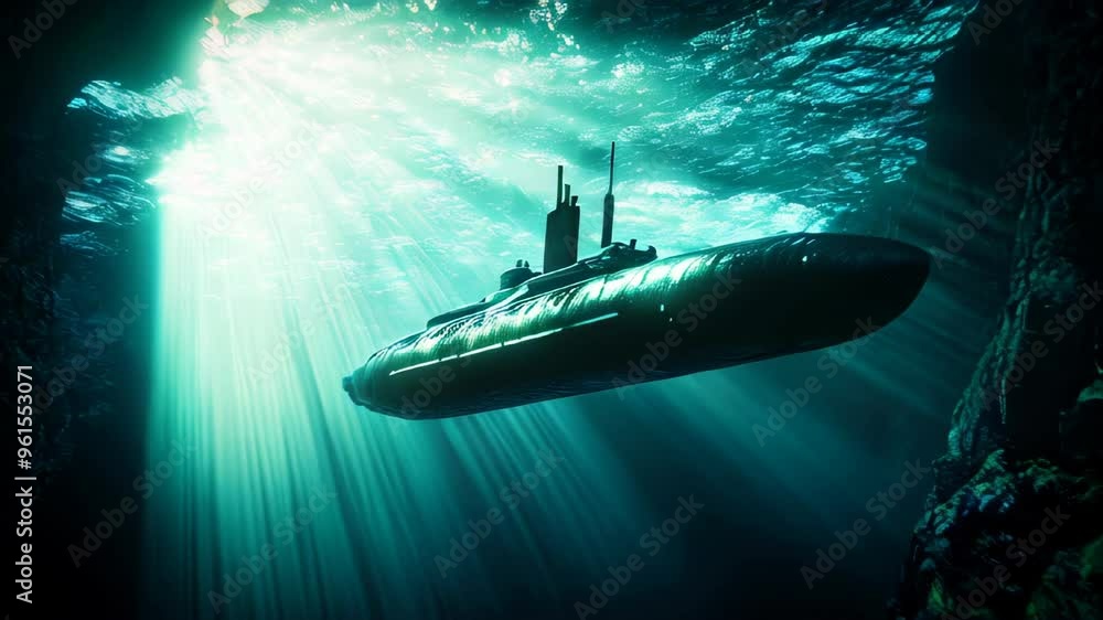 A modern submarine navigating underwater in the ocean A modern submarine navigating underwater in the ocean