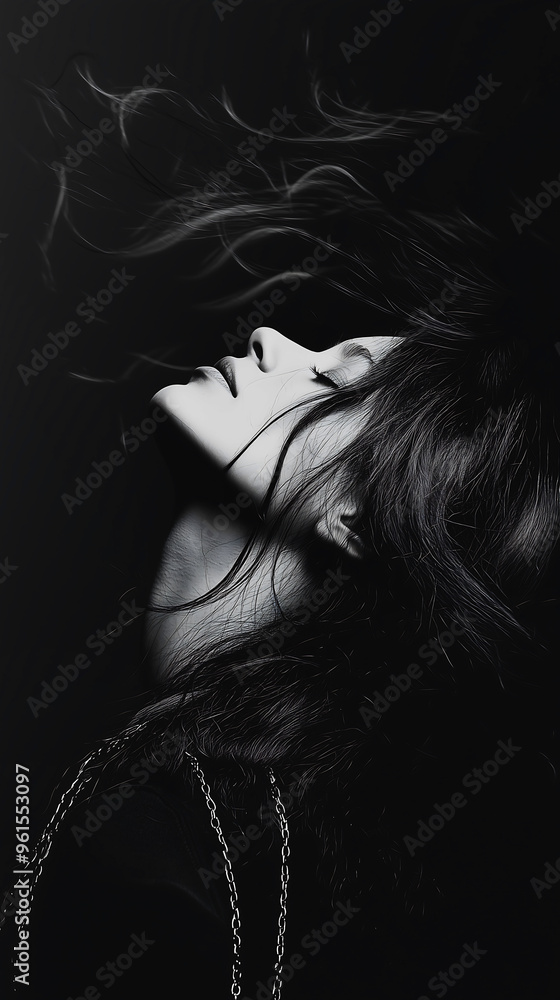 Dramatic Black and White Portrait of Woman with Flowing Hair Dramatic Black and White Portrait of Woman with Flowing Hair