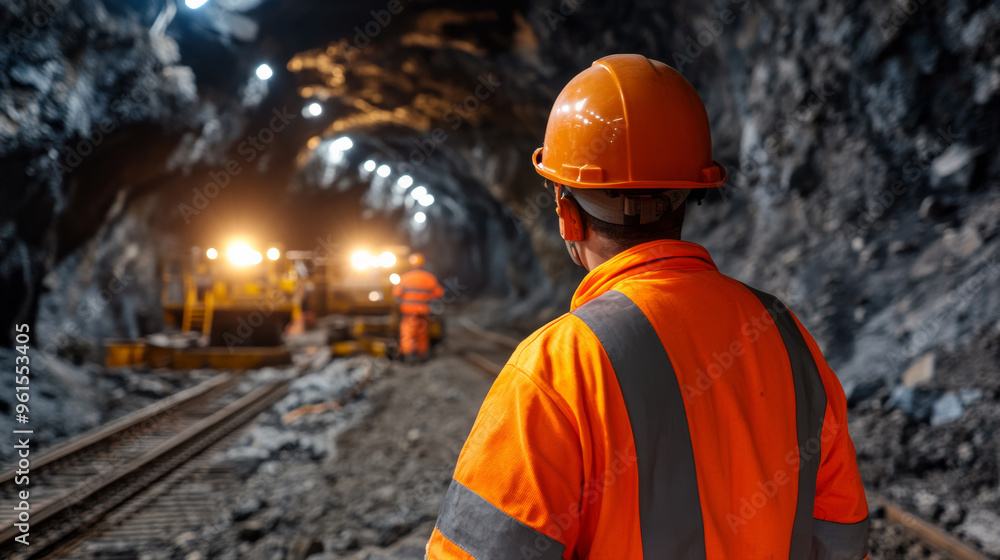 Workers in high-visibility gear and helmets operating machinery in a large underground mining cavern, harsh lighting 