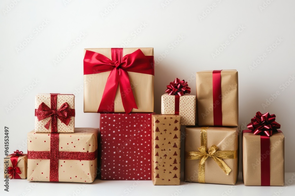 A collection of beautifully wrapped Christmas gifts in various sizes, A collection of beautifully wrapped Christmas gifts in various sizes,
