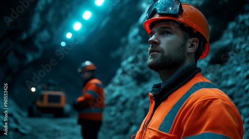 Workers in high-visibility gear and helmets operating machinery in a large underground mining cavern, harsh lighting 