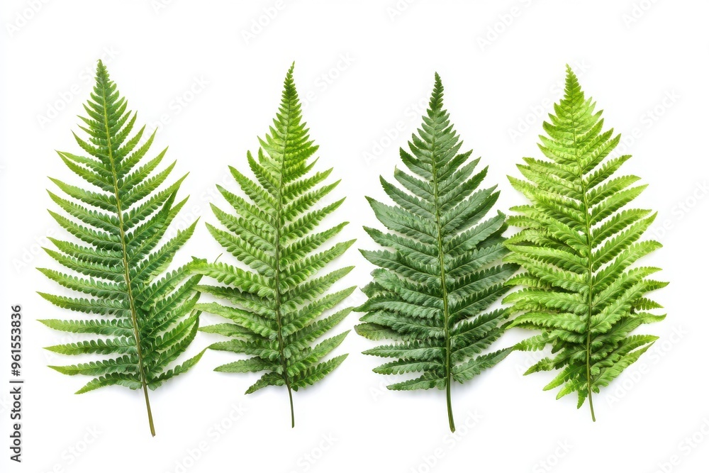 Fototapeta premium A collection of four lush green fern plants, each showcasing their vibrant, feathery leaves.