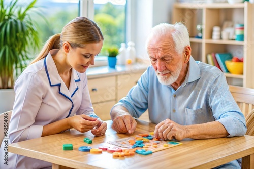 Elderly man playing board game with caregiver in bright room near large window photo