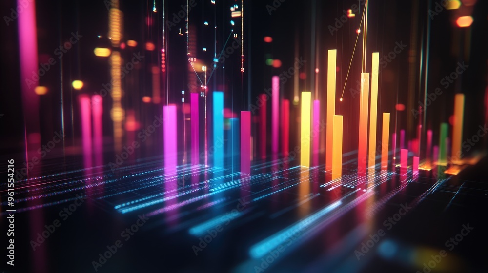 Colorful 3D bar graph on a dark background with glowing data lines connecting the bars, representing progress and statistical growth. Colorful 3D bar graph on a dark background with glowing data lines connecting the bars, representing progress and statistical growth.
