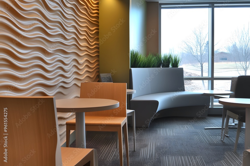 Fototapeta premium Modern Office Lounge with Wooden Wall and Curved Bench