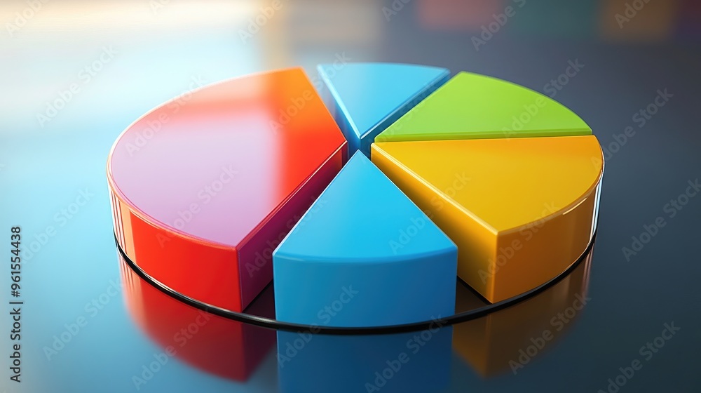 Obraz premium Colorful 3D pie chart with rotating segments, placed on a reflective surface. Representing market share or company division.