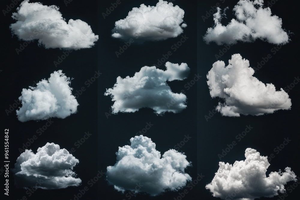 A collection of various cloud formations set against a dark background A collection of various cloud formations set against a dark background