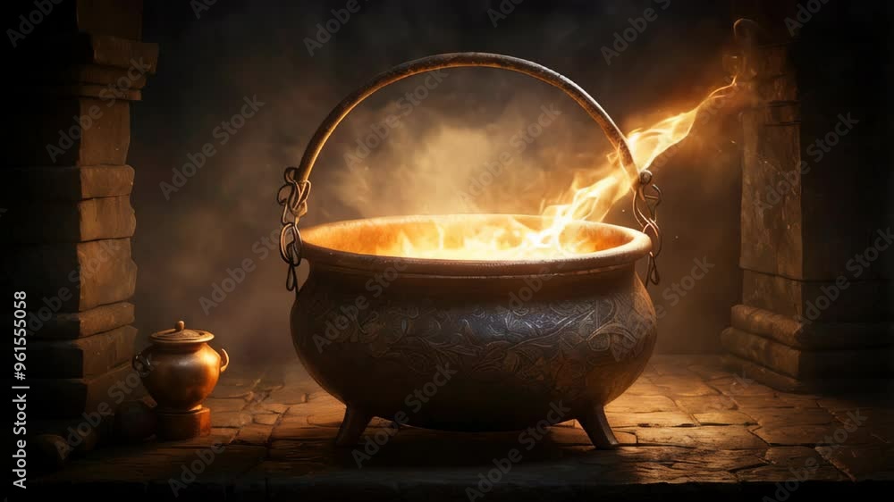 A sorcerer's cauldron boiling a potion A sorcerer's cauldron boiling a potion