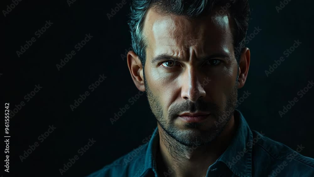 A man with striking facial expression stares intently, showcasing deep emotions under dramatic lighting. The atmosphere feels charged and intense A man with striking facial expression stares intently, showcasing deep emotions under dramatic lighting. The atmosphere feels charged and intense