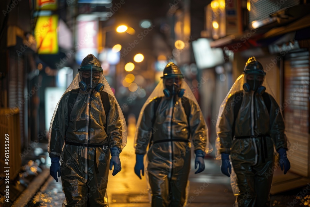 Hazmat Team Walking through Nighttime Urban Alley in Protective Suits and Masks Hazmat Team Walking through Nighttime Urban Alley in Protective Suits and Masks