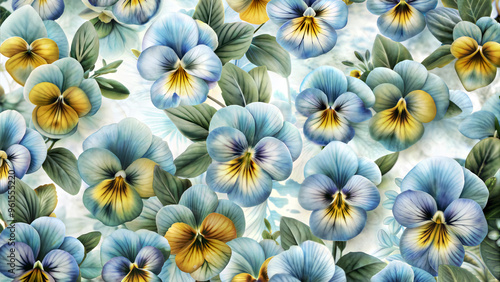 Elegant watercolor floral design featuring delicate pansies in shades of blue and yellow with green leaves