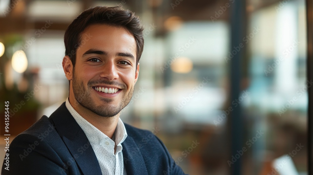 Confident male entrepreneur in a business suit, with a clear, engaging smile and direct eye contact, set in a contemporary office environment. Confident male entrepreneur in a business suit, with a clear, engaging smile and direct eye contact, set in a contemporary office environment.