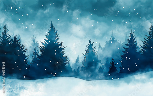 Landscape illustration of winter forest in cold colors. Watercolor drawing for Christmas and Happy New Year card celebration. Background design for invitation, social post, ad, cover and sale banner.