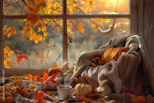 Cozy autumn afternoon: warm blanket and pumpkin decor by the window AI photo