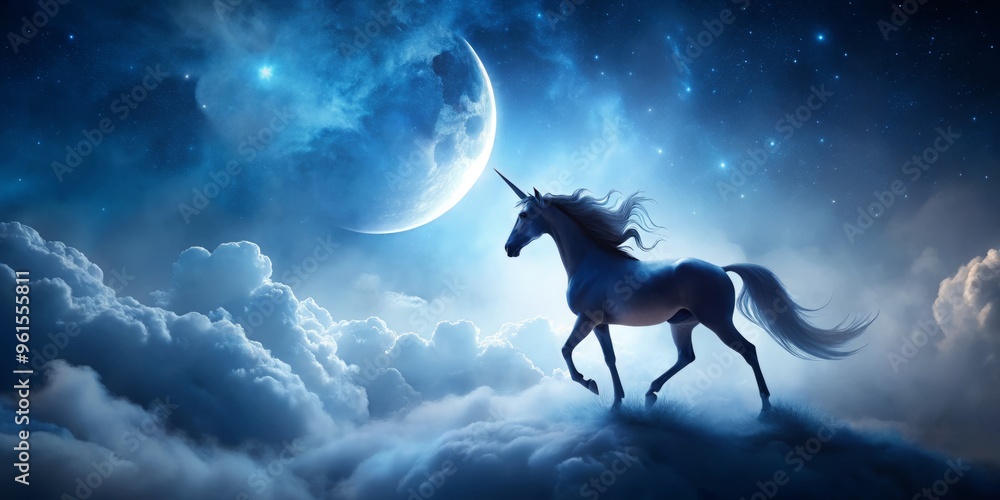 Whispering mist swirls around the silhouette of a unicorn, its horn shimmering in a crescent moon's gentle glow amidst midnight blue sky clouds. Whispering mist swirls around the silhouette of a unicorn, its horn shimmering in a crescent moon's gentle glow amidst midnight blue sky clouds.