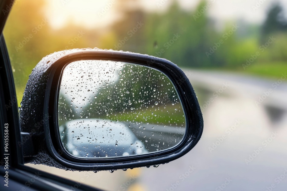 Car Side Mirror with Raindrops and a Blurry View Car Side Mirror with Raindrops and a Blurry View