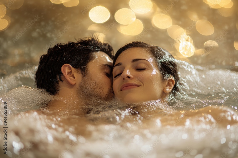 A couple enjoying the invigorating effects of a spa's whirlpool bath. A couple enjoying the invigorating effects of a spa's whirlpool bath.