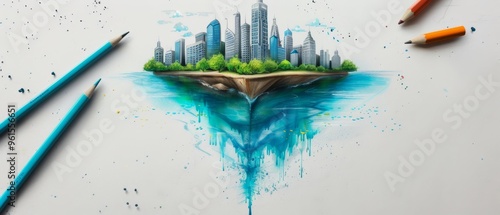  A floating city island depicted with a urban center in its heart encircled by verdant tree crowns photo