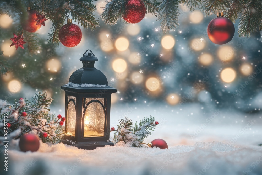 A cozy winter scene featuring a black lantern glowing with warm light A cozy winter scene featuring a black lantern glowing with warm light
