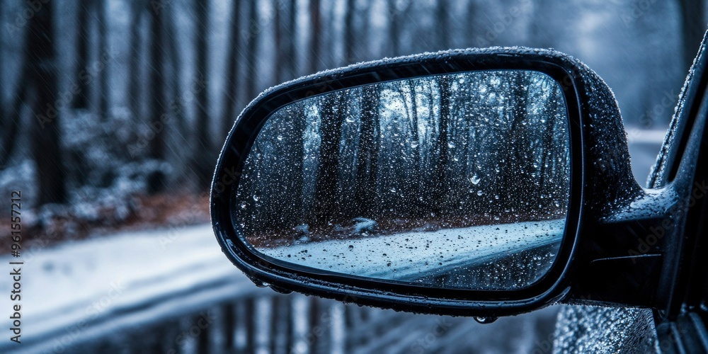 A Car Side Mirror Covered in Snow and Reflecting a Snowy Forest A Car Side Mirror Covered in Snow and Reflecting a Snowy Forest