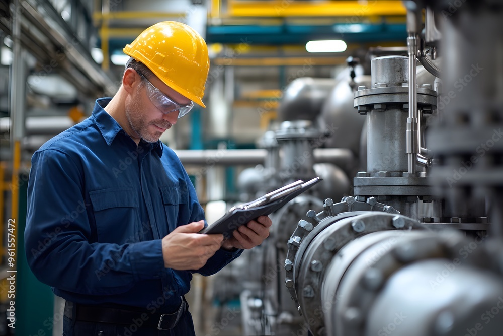 Industrial Worker Inspecting Machinery with Clipboard Industrial Worker Inspecting Machinery with Clipboard