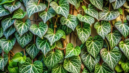 Among twisted vines and knotted stems, delicate fuzzy leaves unfurl in shades of mottled green, blending with surroundings as if painted by a master's brush. photo