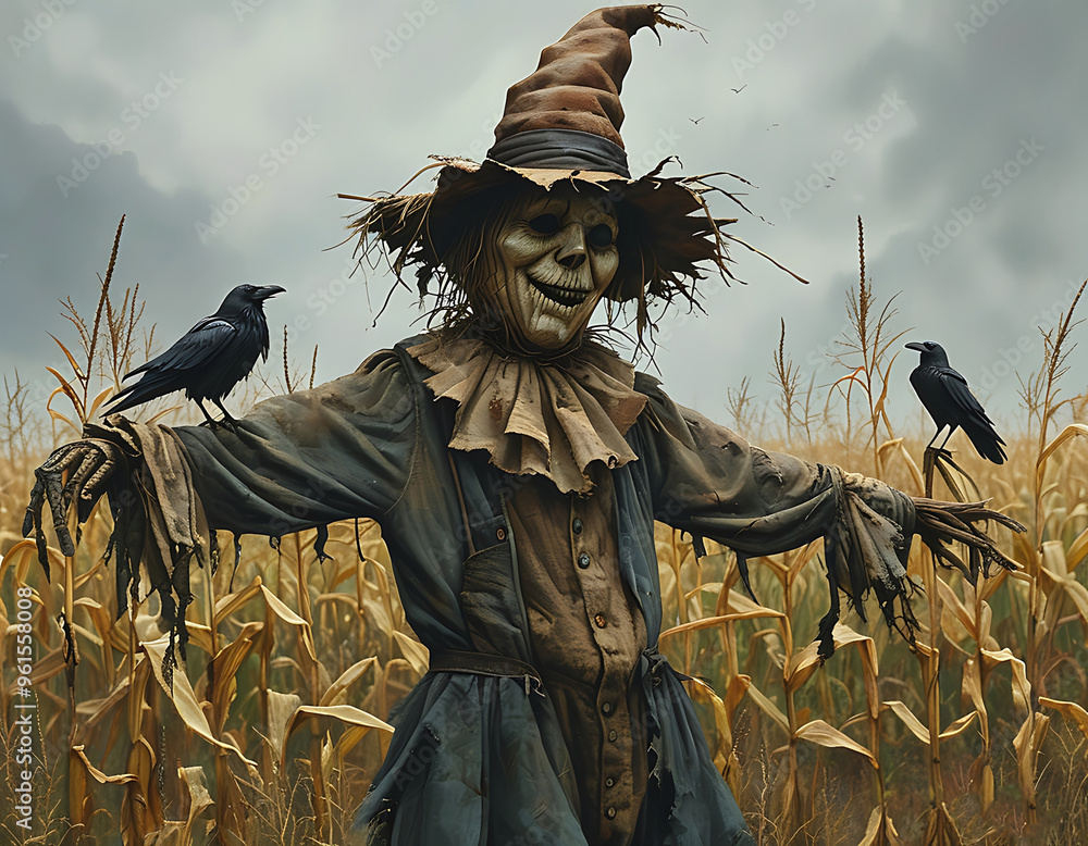 Fototapeta premium Scarecrow Standing Tall in a Cornfield With Crows Perched Nearby at Dusk. Generative AI