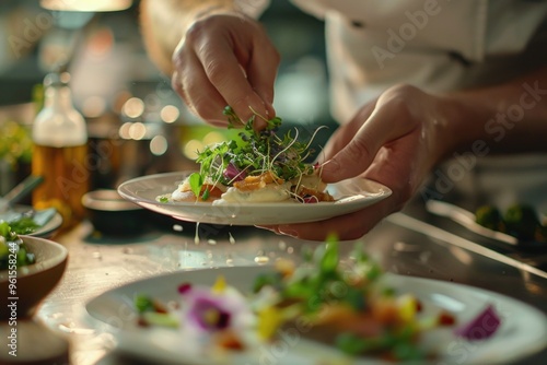 Chef garnishing elegant dishes in a professional restaurant kitchen setting AI