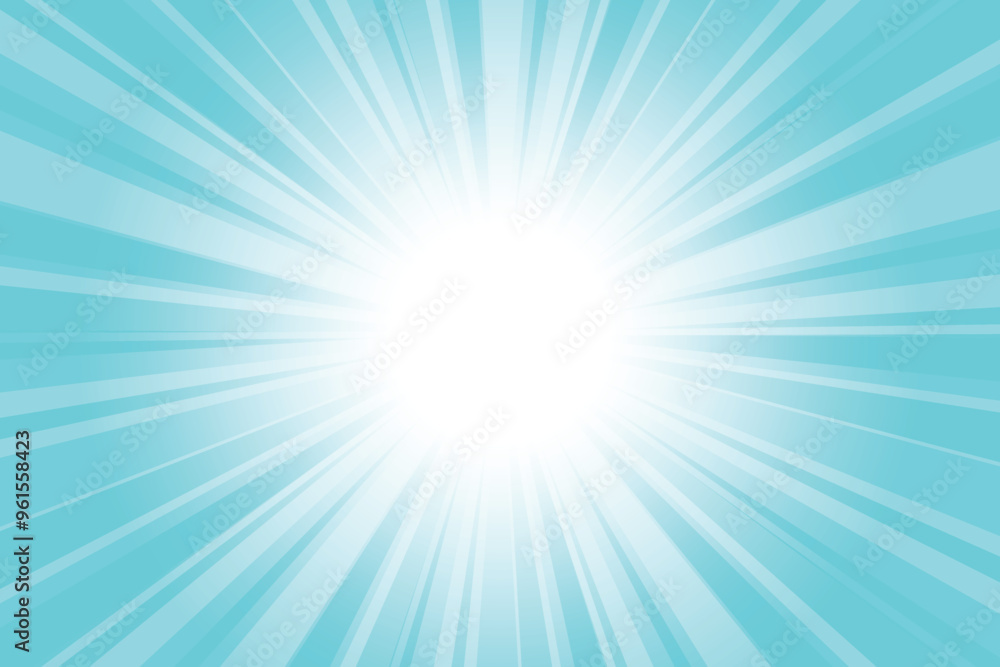 Abstract glowing blue sunburst background. Fluorescent blue glow effect sunburst background for presentation, banner, poster, flyer, sales. Modern pop art poster for summer and spring.