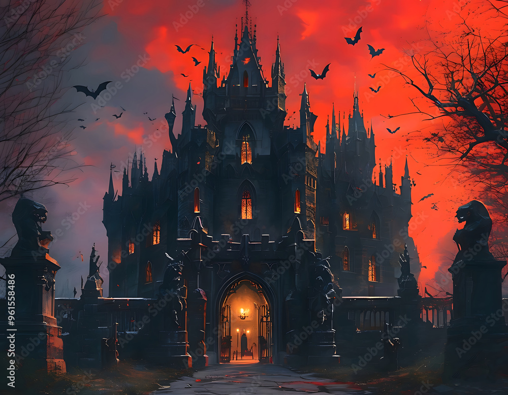 Spooky Halloween night with glowing lanterns near a haunted house. Spooky Halloween night with glowing lanterns near a haunted house.