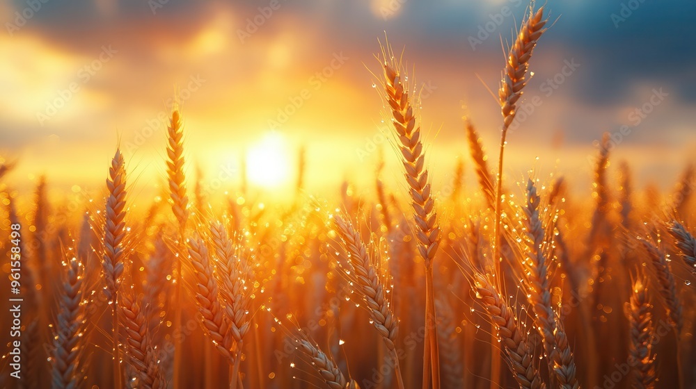 majestic sunrise over golden wheat field sun rays piercing through clouds dew drops glistening on wheat stalks symbolizing abundance and new beginnings majestic sunrise over golden wheat field sun rays piercing through clouds dew drops glistening on wheat stalks symbolizing abundance and new beginnings
